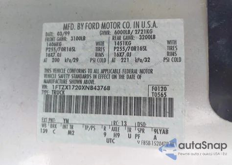 1999 Ford F-150 Work Series/Xl/Xlt z USA, uszkodzony, nr VIN 1FTZX1720XNB43768